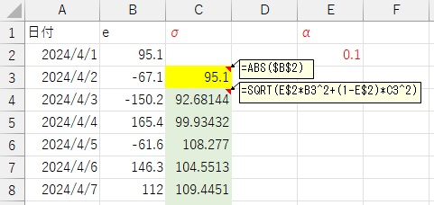 Excelでボラティリティ変動モデル